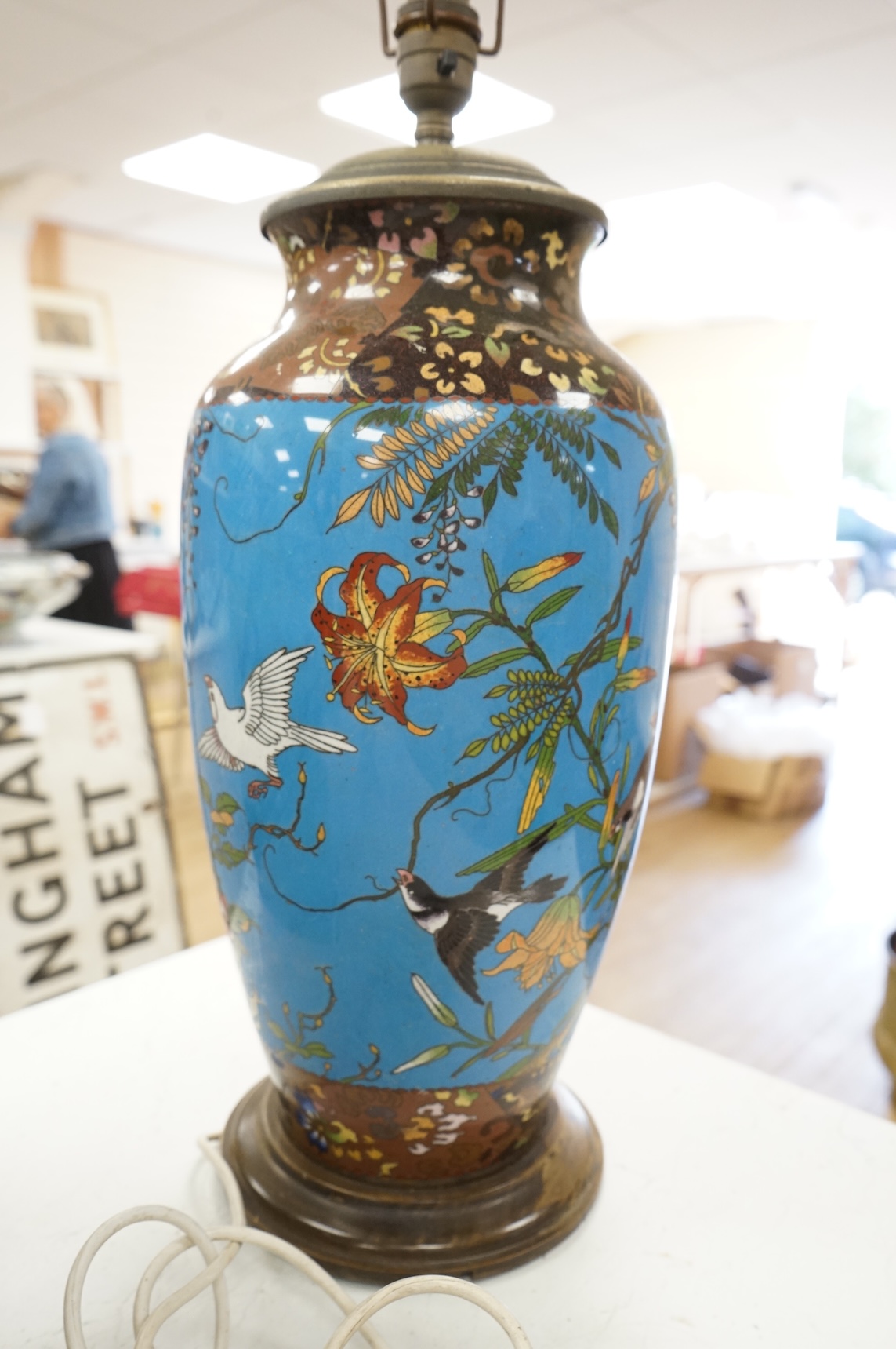 A large Japanese cloisonné enamel vase, Meiji period, converted to a table lamp, 44cm high excluding the fitting